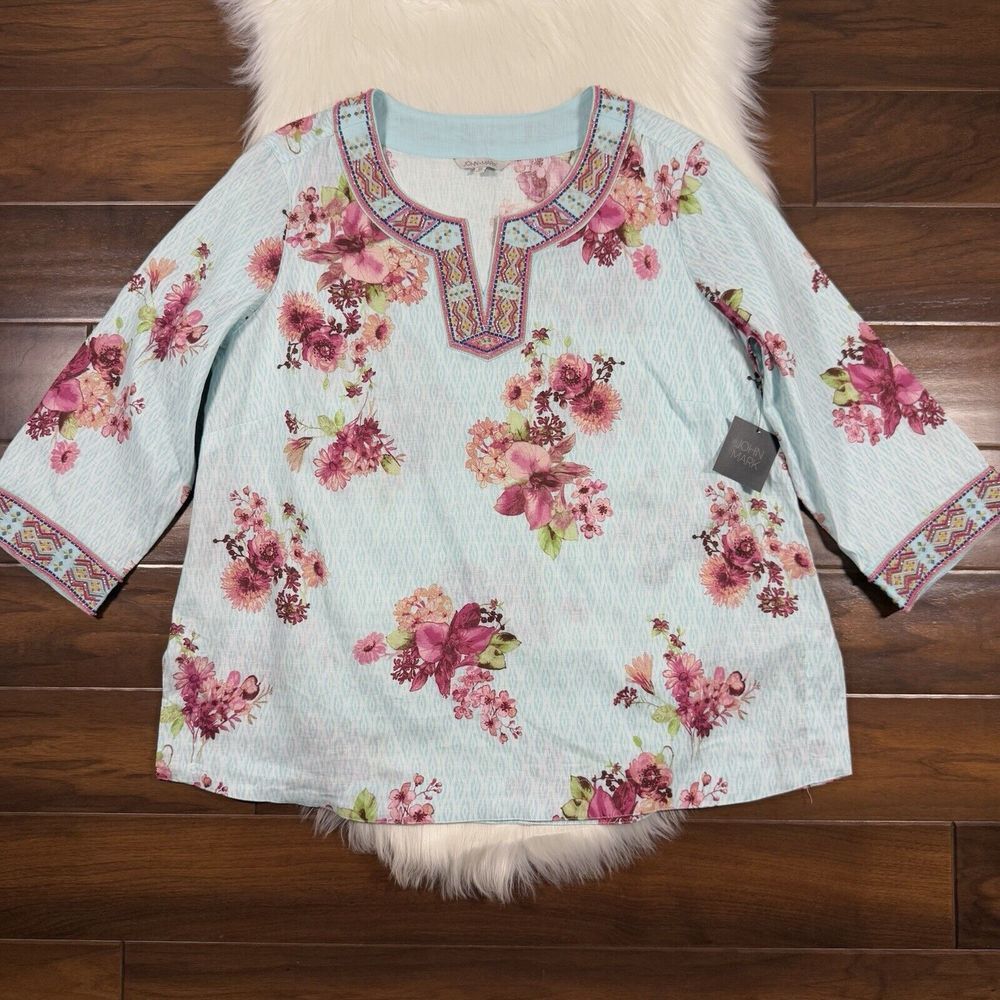 John Mark Women's Size 1X Blue Floral Beaded Embroidered Popover‎ Tunic Top